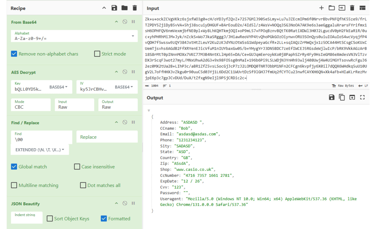 (Decrypted) sample of the exfiltrated data